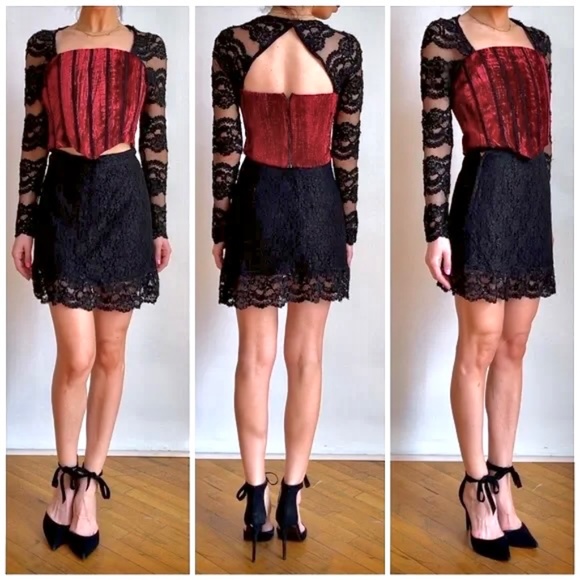 Vintage KATZ Womens Set Handmade Red Velvet Corset Top Lace Black Bead Skirt M - Picture 8 of 12